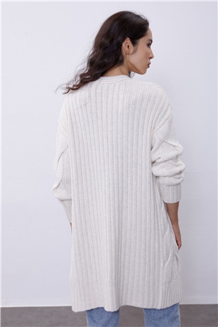 Light Beige Braided Oversize Long Knit Cardigan SWC4181AB