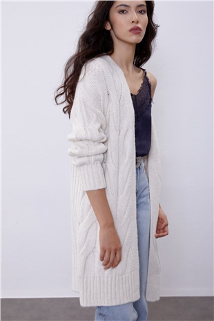 Light Beige Braided Oversize Long Knit Cardigan SWC4181AB