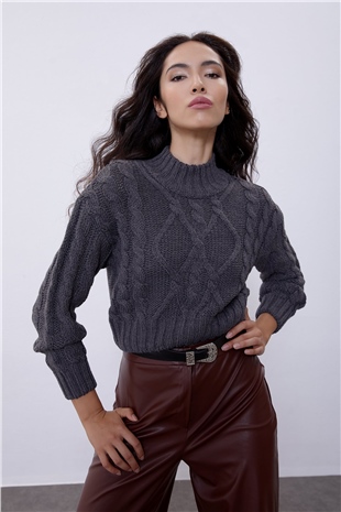 Anthracite Knit Pattern Crop Sweater SWK4306ANT