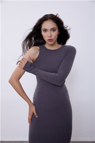Anthracite One Shoulder Knit Dress SWD4475ANT