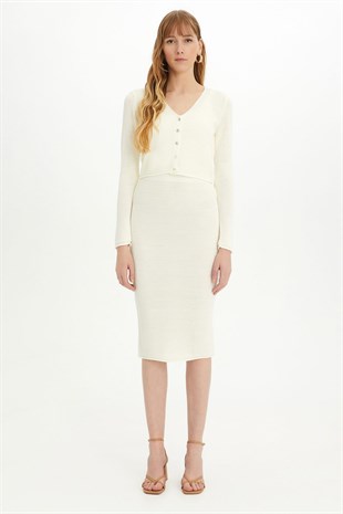 Sherin Woman Ecru Ribbed Skirt  Cardigan Set SWTK3011-15EK