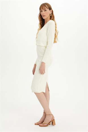 Sherin Woman Ecru Ribbed Skirt  Cardigan Set SWTK3011-15EK