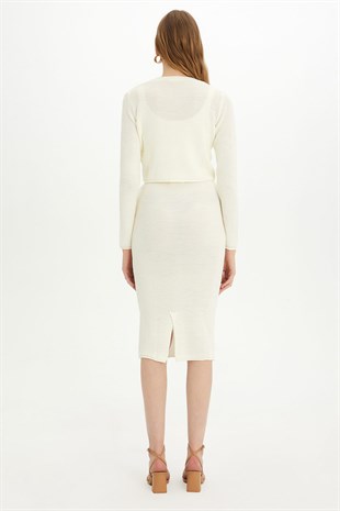 Sherin Woman Ecru Ribbed Skirt  Cardigan Set SWTK3011-15EK