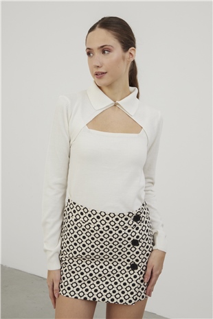 Sherin Woman Ecru Polo Neck Low-Cut Knit Top Set SWTK4250EK