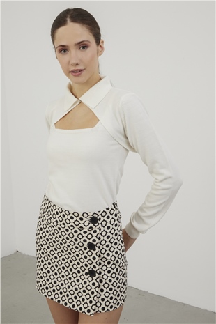 Sherin Woman Ecru Polo Neck Low-Cut Knit Top Set SWTK4250EK