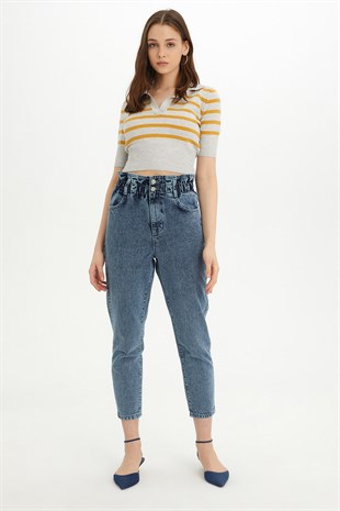 Sherin Woman Grey-Saffron Striped Polo Neck Knit Sweater SWK4282GR