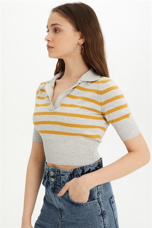 Sherin Woman Grey-Saffron Striped Polo Neck Knit Sweater SWK4282GR