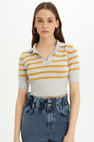 Sherin Woman Grey-Saffron Striped Polo Neck Knit Sweater SWK4282GR