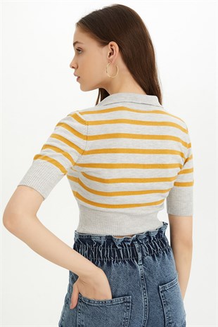 Sherin Woman Grey-Saffron Striped Polo Neck Knit Sweater SWK4282GR