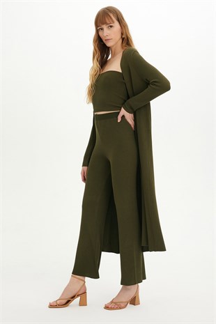 Sherin Woman KKhaki Strapless Top-Cardigan-Pants Three Pieces Knit Set SWTK4321-22-23HK