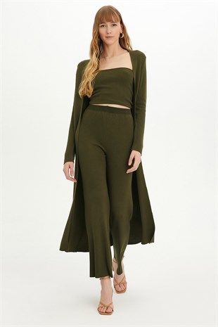 Sherin Woman KKhaki Strapless Top-Cardigan-Pants Three Pieces Knit Set SWTK4321-22-23HK