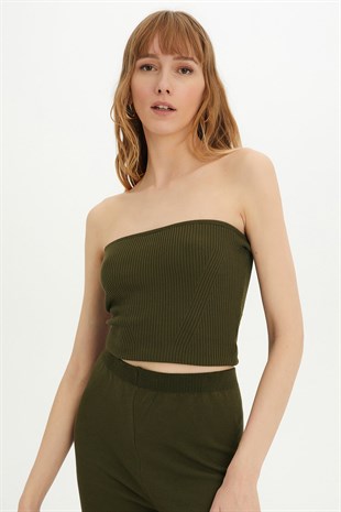 Sherin Woman KKhaki Strapless Top-Cardigan-Pants Three Pieces Knit Set SWTK4321-22-23HK