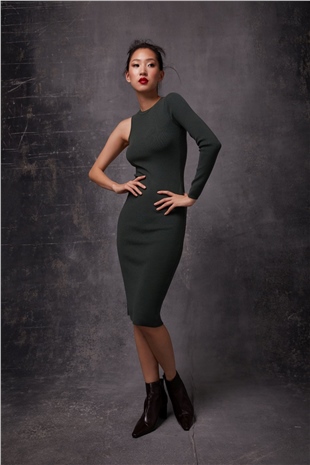 KKhaki One Shoulder Knit Dress SWD4475HK