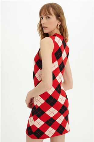 Sherin Woman Red Argyle Sleeveless Knit Dress SWD4308KR