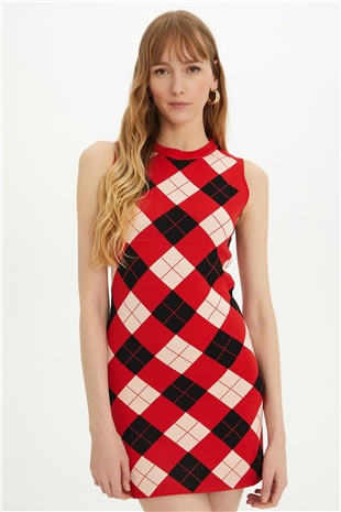 Sherin Woman Red Argyle Sleeveless Knit Dress SWD4308KR
