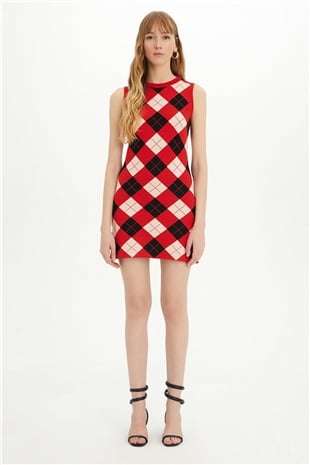 Sherin Woman Red Argyle Sleeveless Knit Dress SWD4308KR