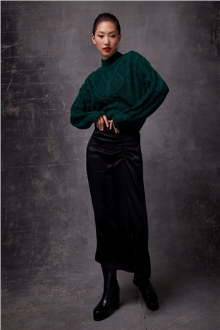 Dark  Green Knit Pattern Crop Sweater SWK4306KY