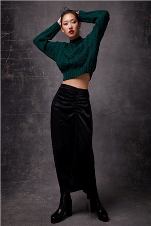 Dark  Green Knit Pattern Crop Sweater SWK4306KY