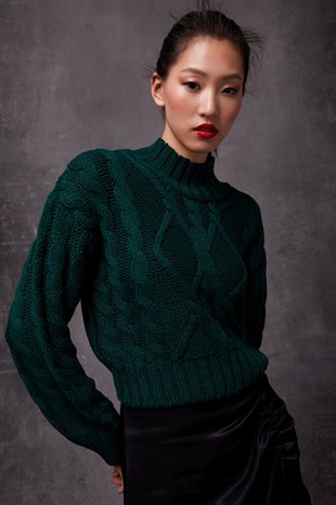 Dark  Green Knit Pattern Crop Sweater SWK4306KY