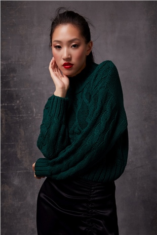 Dark  Green Knit Pattern Crop Sweater SWK4306KY