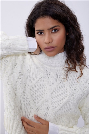 Cream Color Knit Pattern Crop Sweater SWK4306KR