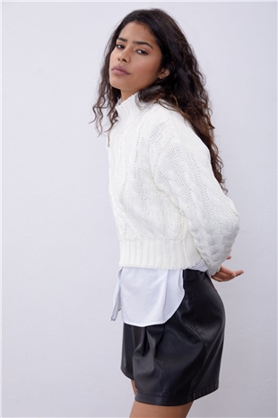 Cream Color Knit Pattern Crop Sweater SWK4306KR