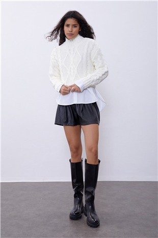 Cream Color Knit Pattern Crop Sweater SWK4306KR