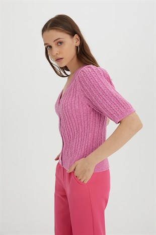 Sherin Woman  Pink Braided Buttoned Knit Cardigan SWC4332PE