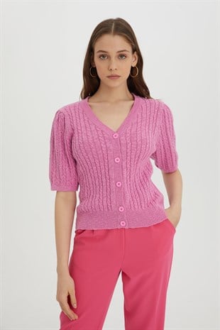 Sherin Woman  Pink Braided Buttoned Knit Cardigan SWC4332PE