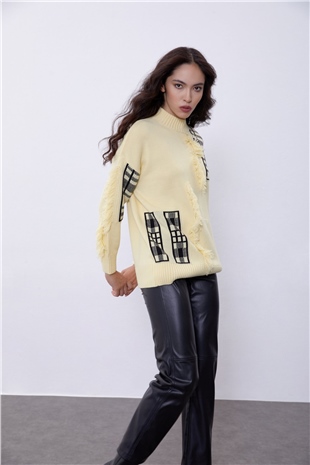 Yellow Tassel Detailed Half Turtleneck Knit Sweater SWK4363SR