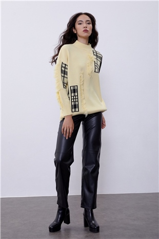 Yellow Tassel Detailed Half Turtleneck Knit Sweater SWK4363SR