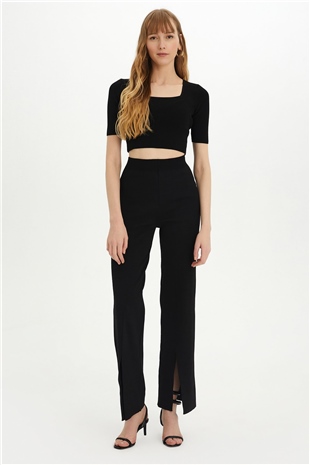 Sherin Woman Black Square Neck Knit Crop SWK4384Sİ