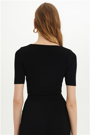 Sherin Woman Black Square Neck Knit Crop SWK4384Sİ