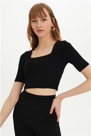 Sherin Woman Black Square Neck Knit Crop SWK4384Sİ