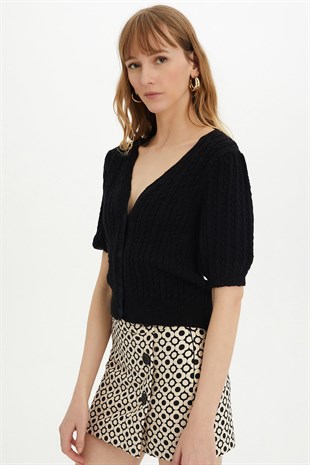 Sherin Woman Black Braided Buttoned Knit Cardigan SWC4332Sİ