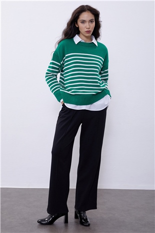 Green Striped Crew Neck Knit Sweater SWK4371YE