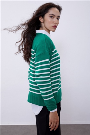 Green Striped Crew Neck Knit Sweater SWK4371YE