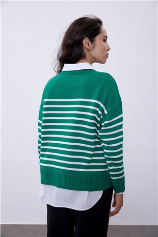 Green Striped Crew Neck Knit Sweater SWK4371YE