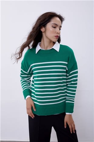 Green Striped Crew Neck Knit Sweater SWK4371YE