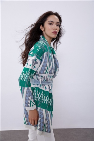 Green Patterned Knit Cardigan SWC4374YE