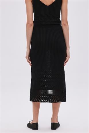 Black Open Knit Midi Knitwear Skirt
