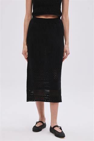 Black Open Knit Midi Knitwear Skirt