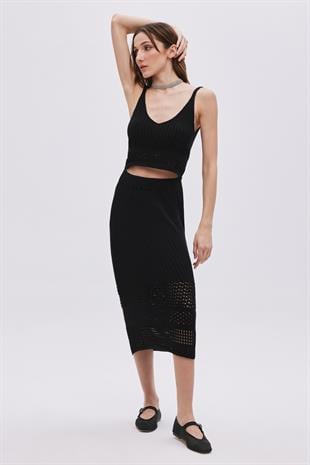 Black Open Knit Midi Knitwear Skirt