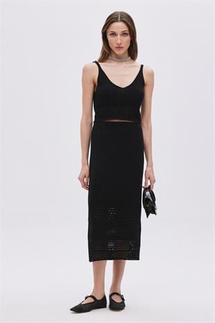 Black Open Knit Midi Knitwear Skirt