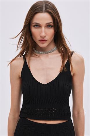 Black Pointelle V Neck Knitwear Blouse With Straps