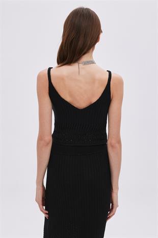 Black Pointelle V Neck Knitwear Blouse With Straps