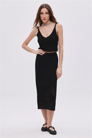 Black Pointelle V Neck Knitwear Blouse With Straps