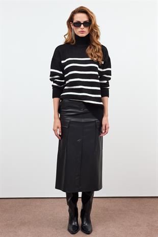 Black Turtle Neck Striped Basic Knitwear Sweater