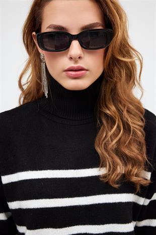 Black Turtle Neck Striped Basic Knitwear Sweater