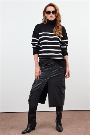 Black Turtle Neck Striped Basic Knitwear Sweater